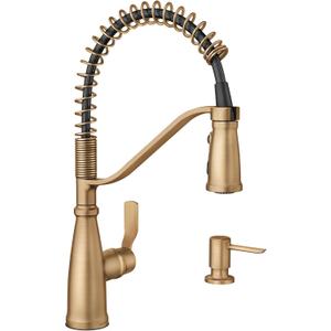 Moen Nolia Bronzed Gold One-Handle Pre-Rinse Spring Kitchen Faucet with Pull Down Sprayer, Single Hole Kitchen Sink Faucet with Soap Dispenser, 87886BZG