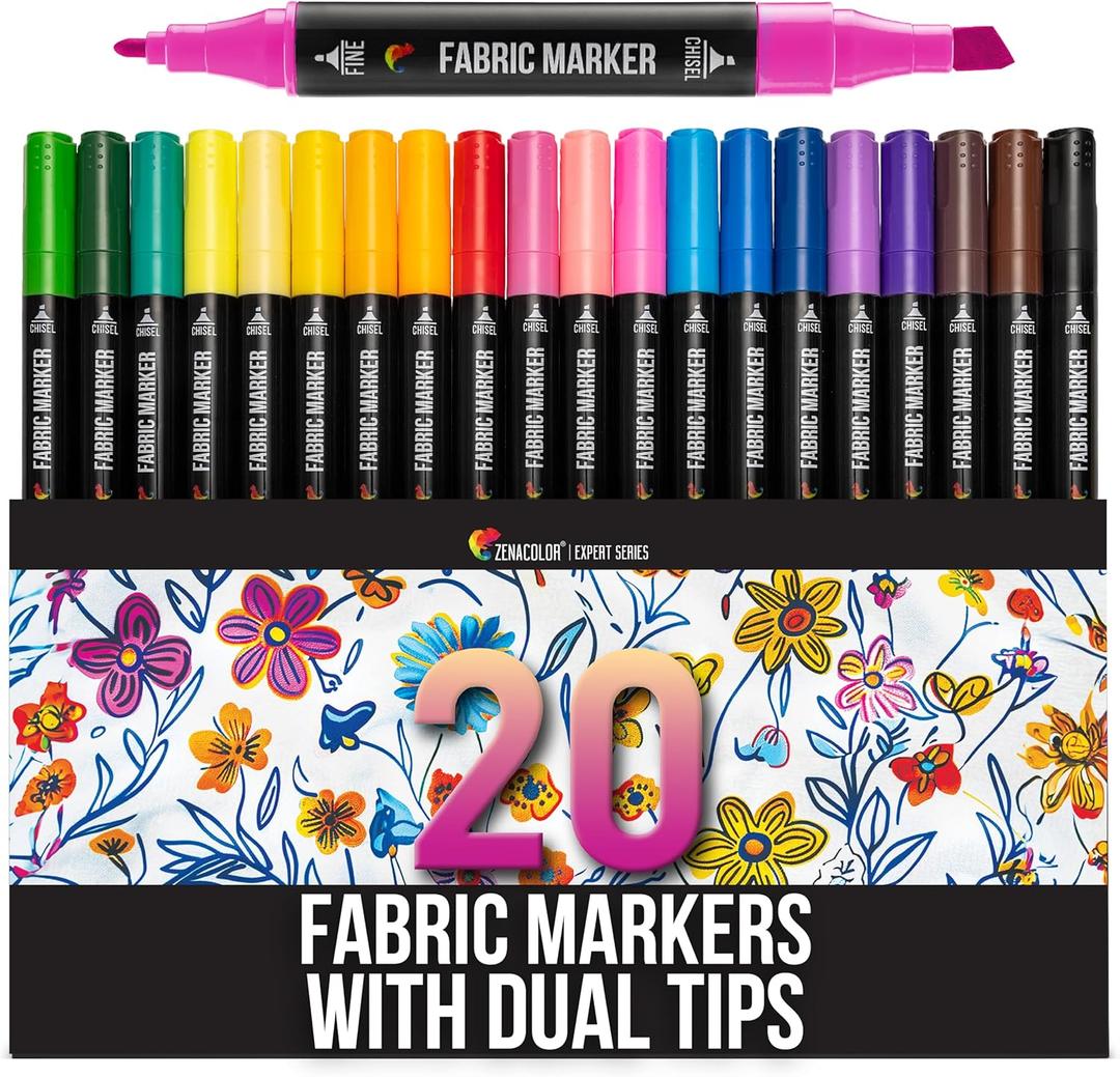 Zenacolor 20 Fabric Markers with Dual Tips - Vibrant Colors Fabric Markers Permanent for Clothes - Fine and Chisel Point Fabric Paint