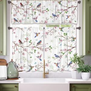 Spring Kitchen Curtains and Valances Set 3 PCS for Window, Floral Bird Spring Kitchen Decor for Bahtroom, Home - Laundry Farmhouse Short Curtains 54" w x 18" L and 27" w x 36L