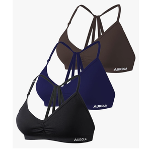 AUROLA Mercury Workout Sports Bras Women Athletic Removable Padded Backless Strapy Minimal Crop Top Pack(Black+ Naval Academy+Chocolate Torte) M