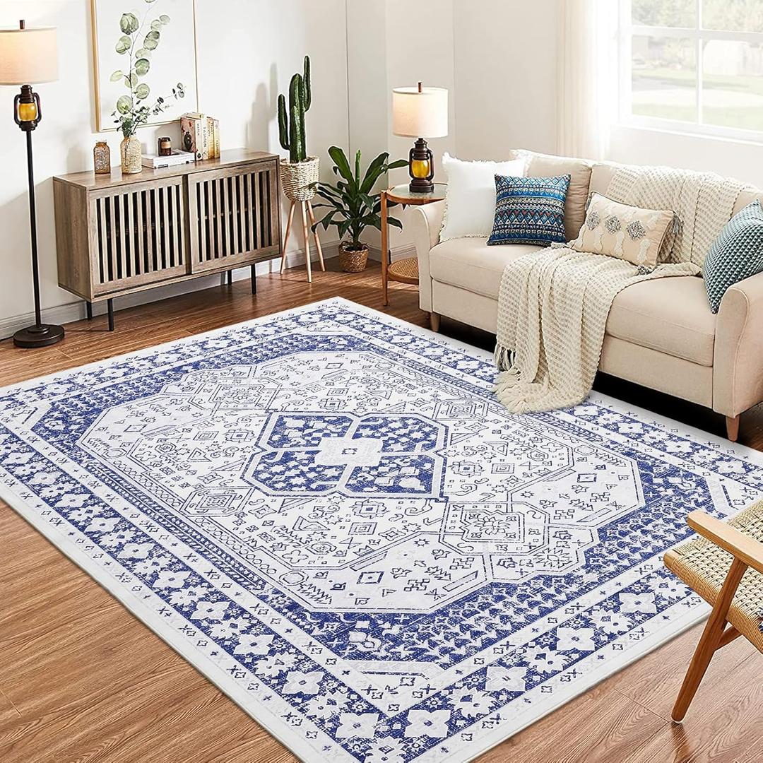 Washable Bordered Area Rugs for Living Room, 8x10 Ultra-Thin Large Area Rug, Stain Resistant No Slip Vintage Moroccan Soft Carpet for Bedroom Dining Room, Dark Blue