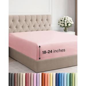 Extra Deep Cal King Fitted Sheet - Hotel Luxury Single Fitted Sheet Only - Easily Fits 18 inch to 24 inch Mattress - Ultra Soft, Wrinkle Free with Extra Deep Pockets - Breathable & Comfy - Baby Pink