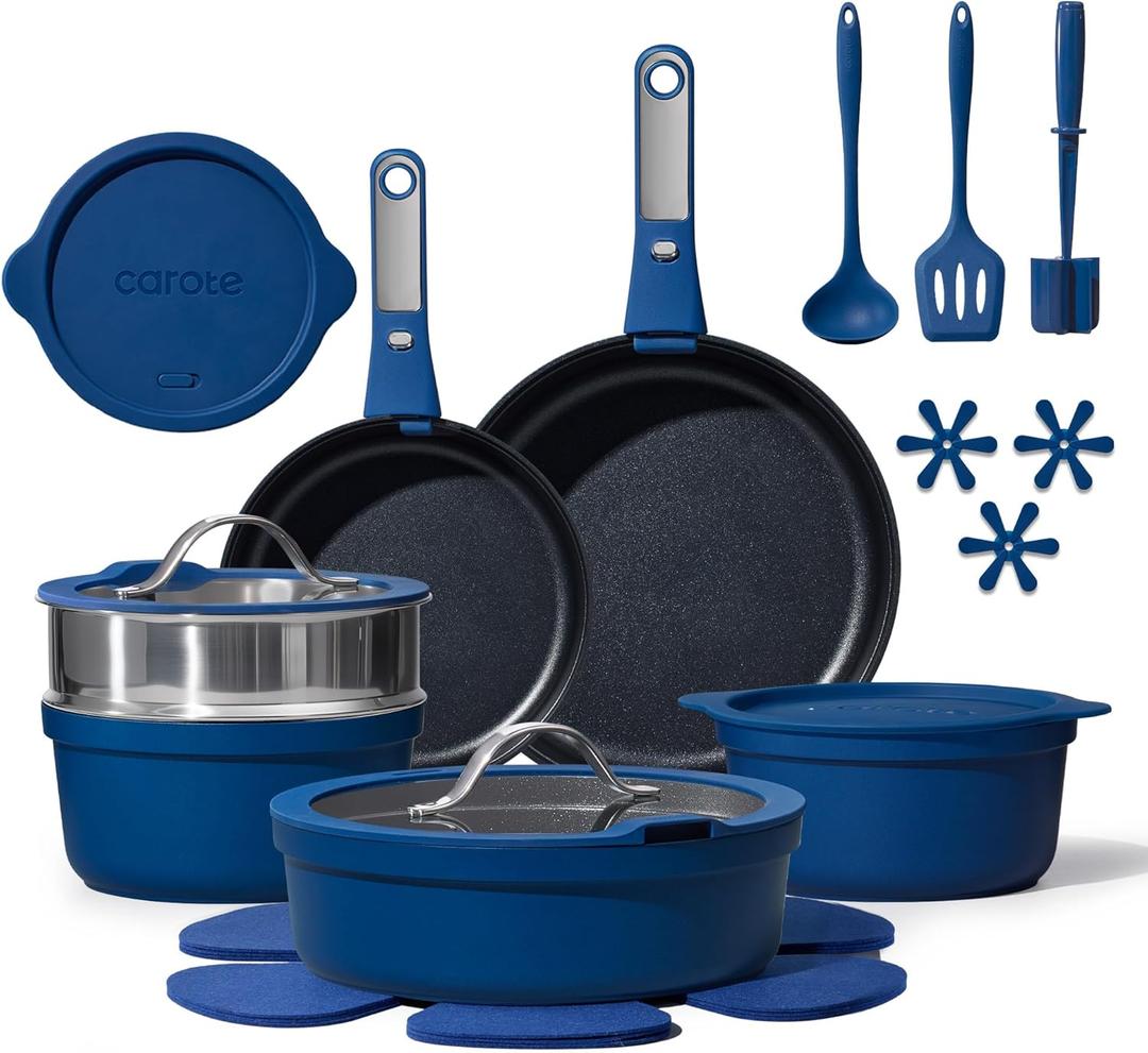 CAROTE 22pcs Pots and Pans Set Non Stick, Nonstick Cookware Set, Dishwasher/Oven/Fridge Safe Pots and Pans, Removable Handle RV Oven Safe Cookware, Induction Kitchen Set, Blue
