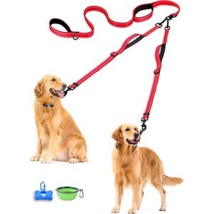 PetBonus Double Dog Leash, No Tangle Dual Leash, Reflective Walking Training Lead, 4 Comfortable Padded Handles for 2 Dogs with Collapsible Bowl and Waste Bags (Red, Large)