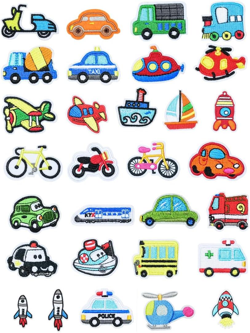 30 Pieces Vehicles Embroidered Applique Bus Tractor Truck Airplane Boat Bike Iron on Patches for Learning Jeans Outfit Shirt Backpack Embellishments