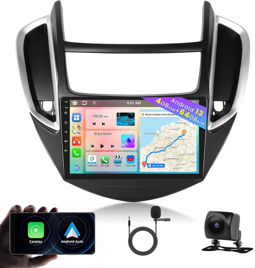 Hikity for Chevrolet Chevy Trax 2014 2015 2016 Radio 8 Core 4+64GB Android 13 Car Stereo 9 Inch IPS Touchscreen Car Radio with Wireless Carplay Android Auto 59UI GPS WiFi 32EQ DSP Backup Camrea