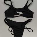 SherryDC Women's Sexy Scoop Neck Padded Cutout Strappy Thong Bikini Set Swimsuit (Medium, Black)