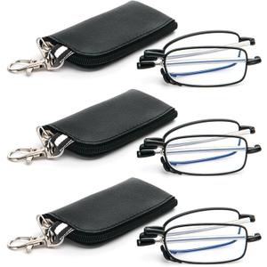 3 Pack Folding Reading Glasses with Keychain Compact Bags Women Men Blue Light Blocking Spring Hinge Portable Pocket Readers,Black 3.0