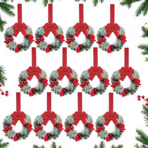 Moucuny 12 Pcs Christmas Small Cabinet Wreaths for Kitchen with Ribbon 8 Inches Mini Christmas Farmhouse Artificial Pine Cone Hanging Wreath for Front Door Window (Red)