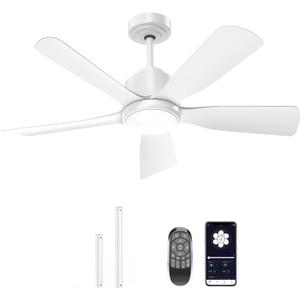 Onffo 42 Inch Ceiling Fan with Light & Remote, Low Profile White Ceiling Fan, Quiet, Dimmable LED, Reversible DC Motor, APP Control, Timer, for Bedroom Indoor/Outdoor Use