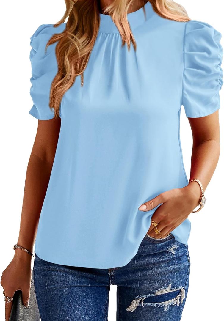 BTFBM Womens Tops 2026 Dressy Casual Blouses Summer Spring Clothes Mock Neck Short Sleeve Shirts Business Work Fall Outfits (Blue, S)