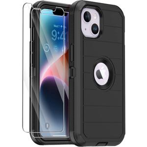 Annymall for iPhone 14 Plus Case with 2 Screen Protector, Heavy Duty Drop Protection Shockproof Rugged 3-Layer Military Tough Durable Protective Cover for Apple iPhone 14 Plus 6.7" (Black II)