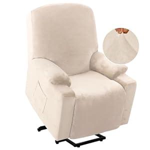 H.VERSAILTEX Rich Velvet Stretch Recliner Slipcovers 1 Piece Electric Power Lift Recliner Chair Cover Fitted Standard Large Power Lift Recliner with Side Pocket, Soft and Thick (Single Seat, Ivory)