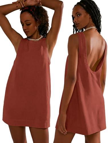 VIUTIL Womens Summer Linen Mini Dress Boat Neck Low Back Sleeveless Tank Dresses with Pockets 2025 Vacation Outfits, Large