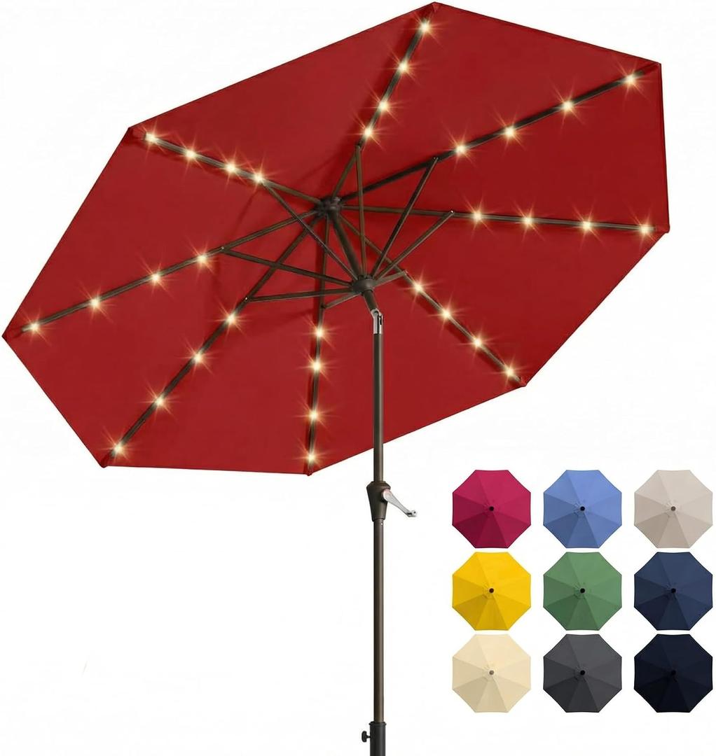 Patio Kingdom 10FT Solar Patio Umbrella with Lights, Outdoor Table Market Umbrella with 32 LED Lights, 8 Sturdy Ribs, Push Button Tilt and Crank for Pool, Deck and Garden, UV-Resistant, Red