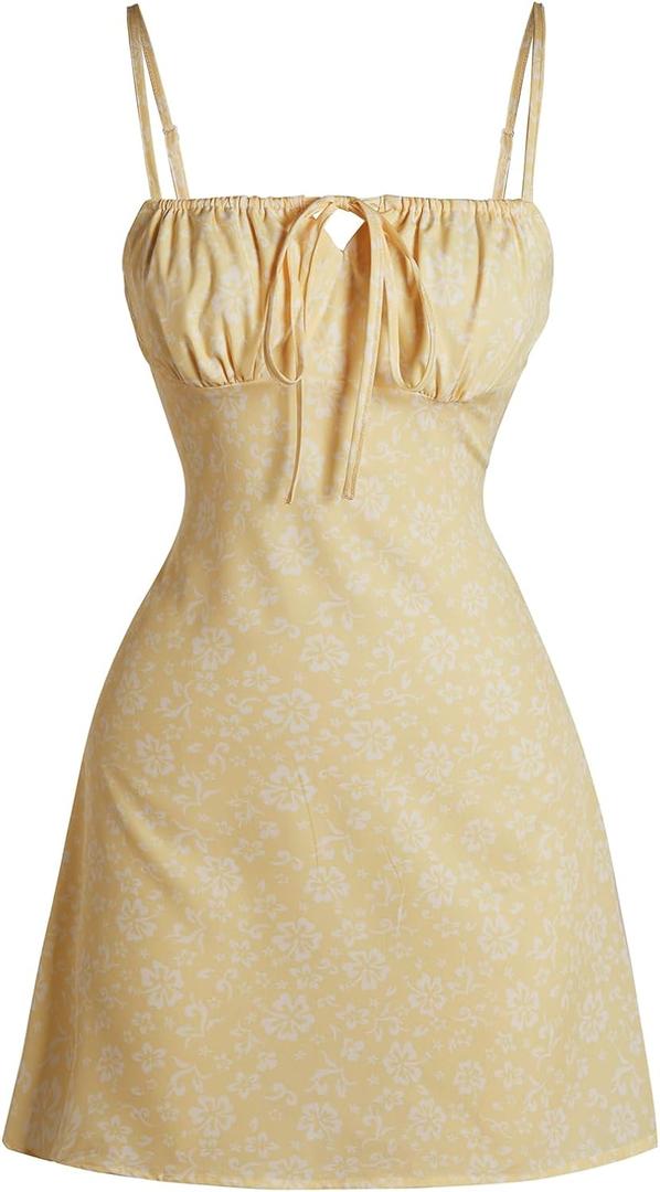 Floerns Women's Summer Floral Cherry Print A Line Short Cami Dress (M, Light Yellow)