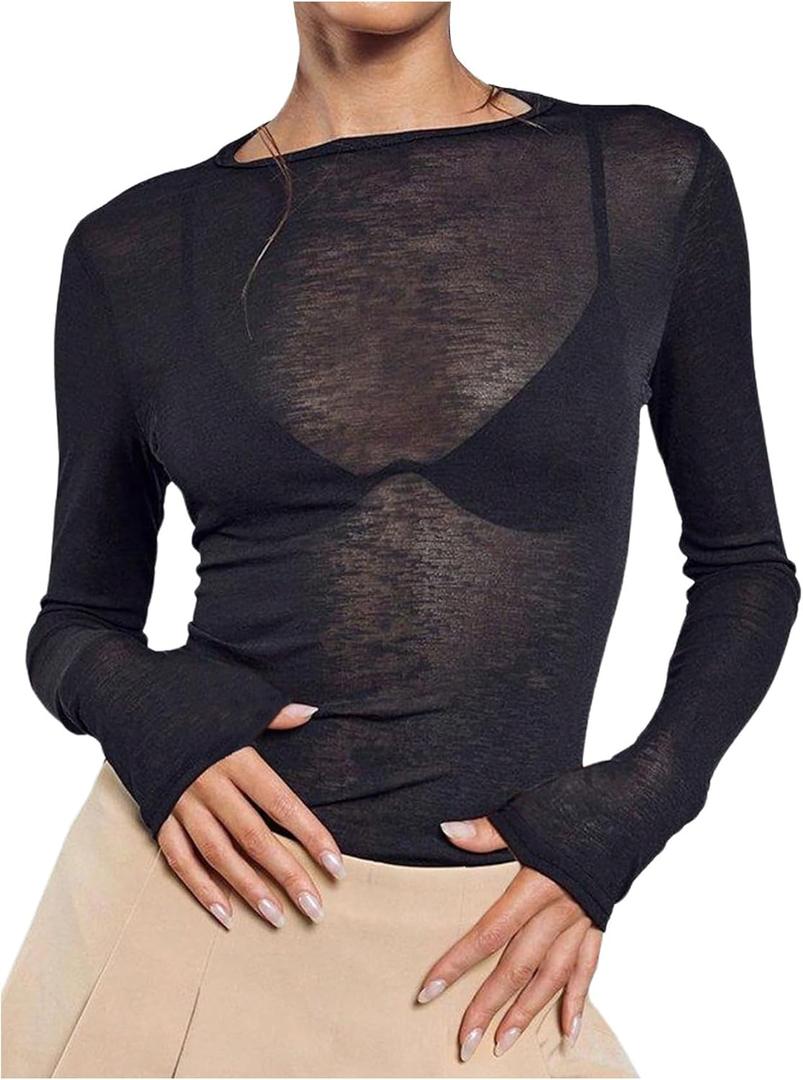 SHENHE Women's Sheer Tops Mesh Long Sleeve See Through Boat Neck Going Out Tops Concert Party Sexy Shirts, Small