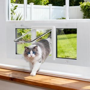 Aluminum Frame Window Cat Door Insert for 27''-32" Sash Windows, Magnetic Flap with 4 Locking Modes, Weatherproof Cat Window Door for Easy Pet Access (27''-32")