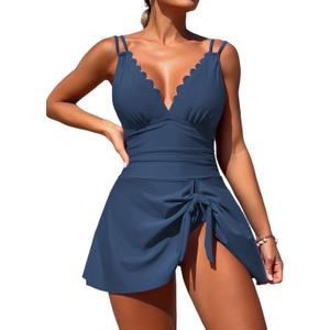 ZAFUL One Piece Swim Dress Swimsuits for Women Scallop Tummy Control Swimdress Tie Knot Swim Skirt Swimwear Bathing Suit (Small, A-deep Blue)