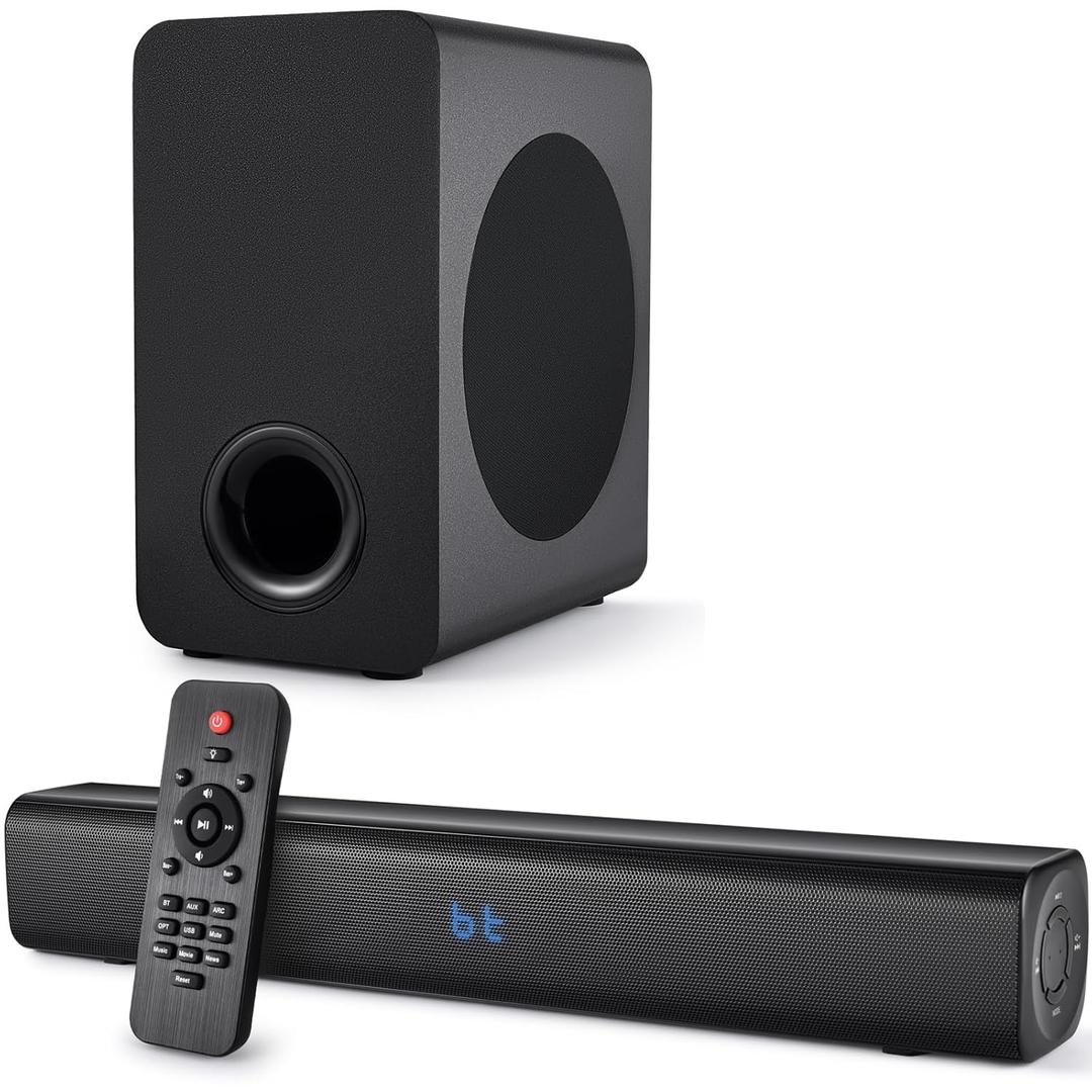 A90 2.1ch Sound Bar Speakers, Bluetooth Wireless, ARC, Optical, AUX, USB, Black, 2.5" Speakers, 5.25" Subwoofer, Wall Mount, Surround Sound for TV, PC, Home Theater