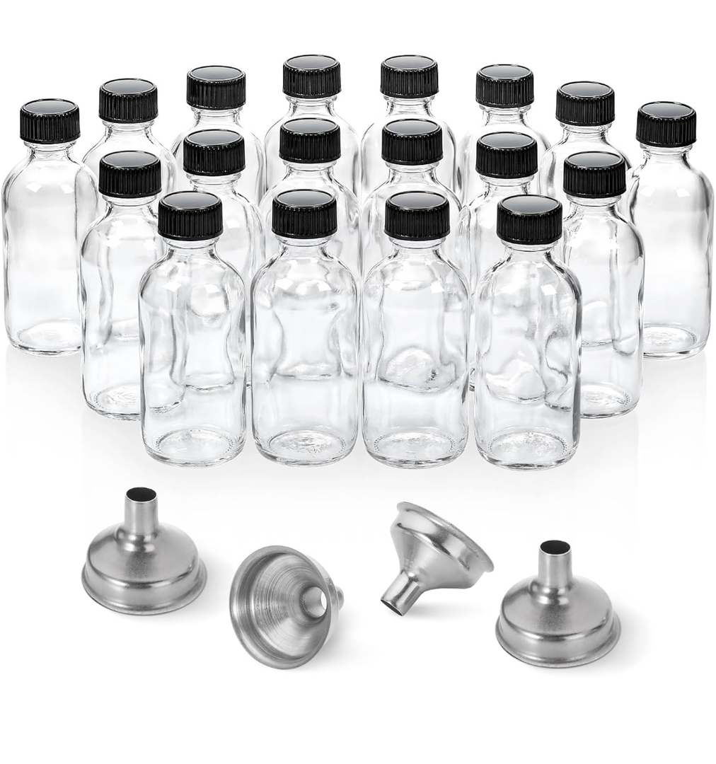 17 Pack, 2 oz Small Clear Glass Bottles w/ Lid & 4 Stainless Steel Funnels - 60ml Boston Sample Bottles - Mini Travel Essential or Decorative Bottles for Potion, Juice, Wellness, Ginger Shots, Whiskey
