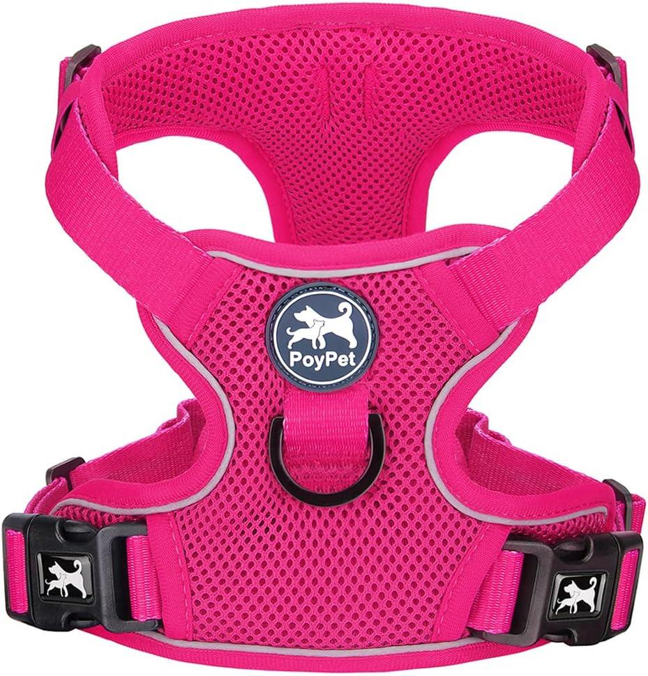 PoyPet Reflective Soft Breathable Mesh Dog Harness No Choke Double Padded Vest Adjustable( Fuchsia, S)