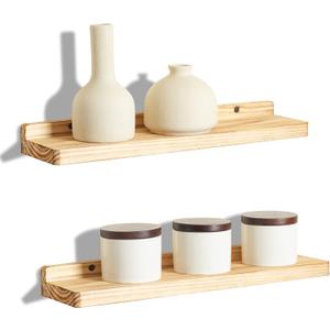 Freezing point Floating Shelves for Wall Set of 2 Natural Wood 16Inch Wall Shelf Decor Plant Display Collectibles Mounted Kitchen Bathroom Bedroom Corner Decorative Storage Stand Carbonized (164)