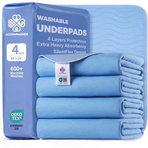 Accompagner Incontinence Bed Pads Washable Waterproof, Ultra-Absorbent Reusable Underpads for Diaper Changing, Nursing, Bedridden, Adults, Seniors, Kids and Dogs (Blue, 24"x24"(Pack of 4))