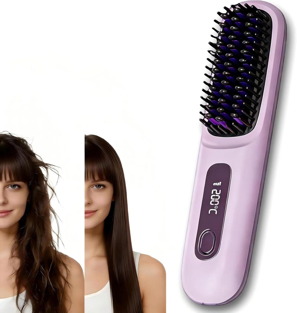 Cordless Straightening Brush, Mini Travel Heat Brush MCH Heating with LED Display USB-C Recharge Anti-Damage Styling Comb for Short Hair (Purple)