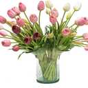 DUYONE 40pcs Artificial Tulips Flowers Fake Latex Bouquet for Wedding Party Office Home Kitchen Decoration(Light Purple Set 40pcs)