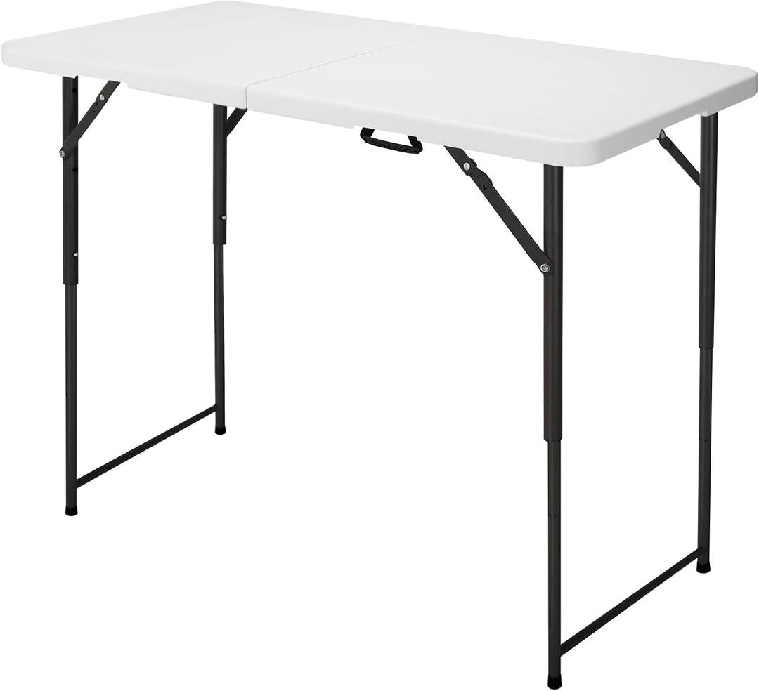 4ft Folding Table, Portable Fold-in-Half Adjustable Height Utility Table for Indoor/Outdoor Use, Durable HDPE & Steel, Stable & Lightweight, Multi-Purpose, White
