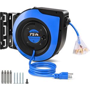 SURAIELEC Retractable Extension Cord Reel, 75 FT 14 AWG/3C SJTOW Power Cord, 3 Outlets Triple Tap, 10 AMP Circuit Breaker, Ceiling/Wall Mount, UL Listed