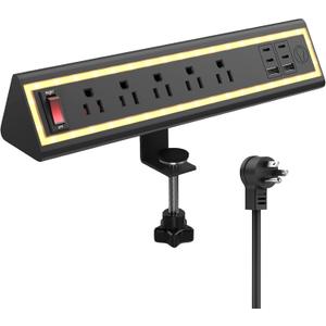 Desk Clamp Power Strip with Nightlight, 40W Fast Charging, 6FT Extension Cord, 4x20W USB-C & 2 USB Ports, 5 AC Outlets, Fits 1.69-Inch Table Edges