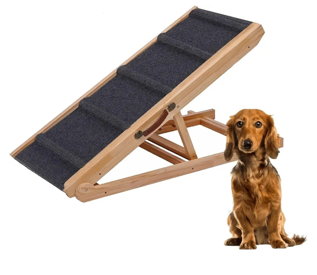 PAWBLISS Adjustable Dog Ramp for All Dogs | 6-Level (12.2"-25.5") Solid Wood Ramp | Non-Slip Carpet for Large & Small Dogs | Supports 200lbs | Portable Dog Ramp for Bed & Couch with Leather Handle