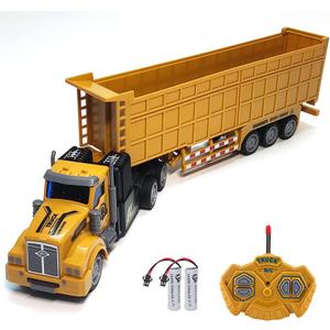 RC Dump Truck with Trailer - 14" 1:48 Mini Semi Truck Toy with 2 Rechargeable Batteries, Remote Control Car Construction Vehicles with Lights, Engineering Tractor Toy for 3 4 5 Years Kids Boys Girls