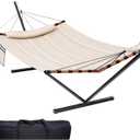 TegerDeger 12FT 2 Person Hammock with Stand Included 55 x 79IN Large Hammock 450LB Capacity with Hardwood Spreader Bar & Nylon Rope for Outside, Patio, Garden, Backyard, Beach, Poolside - Beige