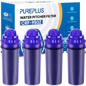 PUREPLUS CRF950Z Pitcher Water Filter Replacement for Pur PPF900Z, PPF951K, PPT700W, CR-1100C, DS-1800Z, CR-6000C, PPT711W, PPT711, PPT710W, PPT111W, PPT111R and All PUR Pitchers and Dispensers, 4PACK