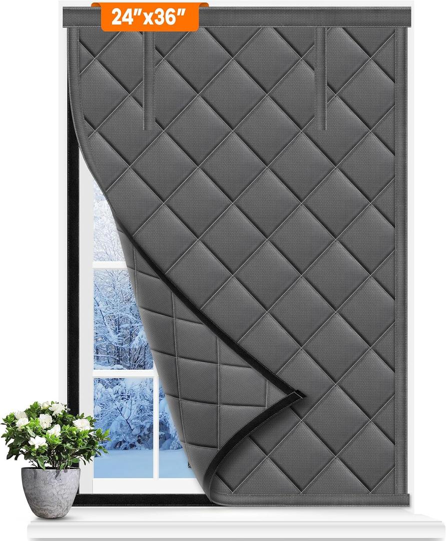 2 Pack Window Insulation for Winter, Fit Max Size 24''X36'', Durable Oxford Fabric and Cotton Filling Window Curtains for Warm Winter, Gray