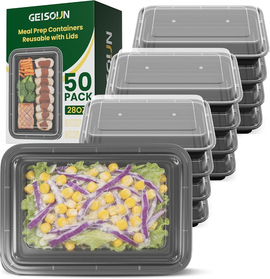 100 Pack 28oz Meal Prep Containers Reusable with Easy Open Lids, Sturdy Leakproof Food Safe, To Go Take Out Plastic Food Storage Containers with Lids, Microwave Freezer Dishwasher Safe, Black