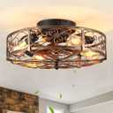 20'' Caged Ceiling Fan with Lights and Remote Control,Small Farmhouse Bladeless Low Profile Ceiling Fans Lights,Vintage Flush Mount Ceiling Light,Reversible Motor 6 Speeds for Bedroom,Living Room (Beige)