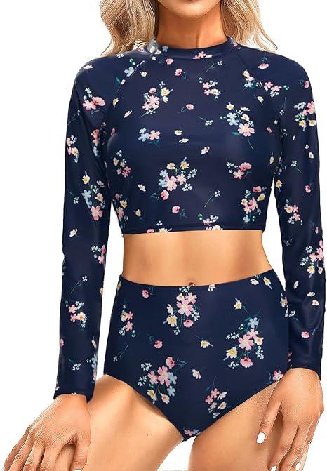 Pinup Fashion Long Sleeve Rash Guard - 2 Piece Swimsuit Bathing Suits with Bottom Swim Top UV UPF (Large)
