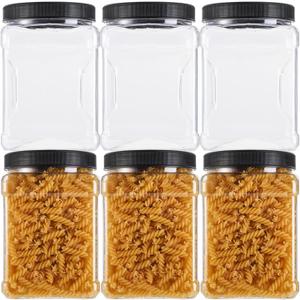 Lawei Square Plastic Jars with Lids - Clear Empty Storage Containers for Food Storage, Plastic Food Jars with Easy Grip Handles for Dry Goods Cookies Rice and More (6 Pack 60 Oz)