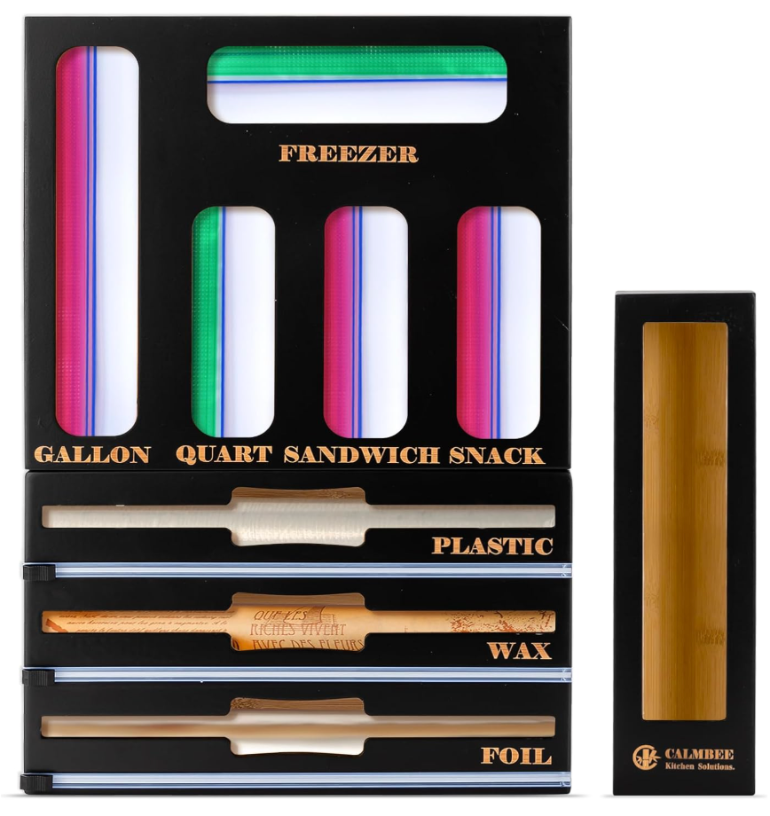 Calmbee 9 in 1 Bamboo Storage Bag Organizer for Kitchen Drawer – Plastic Wrap Dispenser with Cutter & Foil Organizer, Wooden Baggie Organizer for Sandwich, Snack, Gallon, Quart Sizes, Black