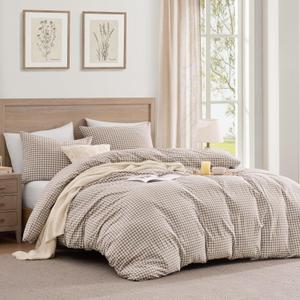 Andency Tan Gingham Duvet Cover King, 100% Wash Cotton Linen Like Textured Breathable Comforter Cover Set, 3 Piece Brown Classic Yarn-Dyed Checkered Plaid Bedding Set, 104"*90"
