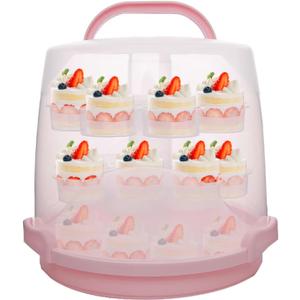 3-Tier Party Cupcake Carrier, Cupcake Holder with Lid and Handle for Transport Storage 24 Cupcakes (Pink), 11.2" x 9.8"