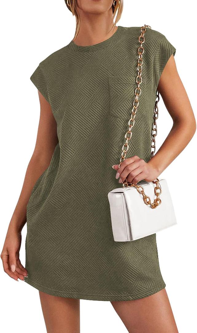 PRETTYGARDEN Women's Summer Short T Shirt Dress Cap Sleeve Crew Neck Casual Loose Basic Mini Dresses (Green, M)