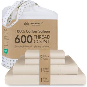 Threadmill 100% Cotton Sheets for Queen Size Bed - 600 Thread Count Queen Bed Sheets Set with 16 Deep Pocket - Sateen Weave 4-Piece Bedding Set with Cooling Effect, Beige (Light Beige Solid)