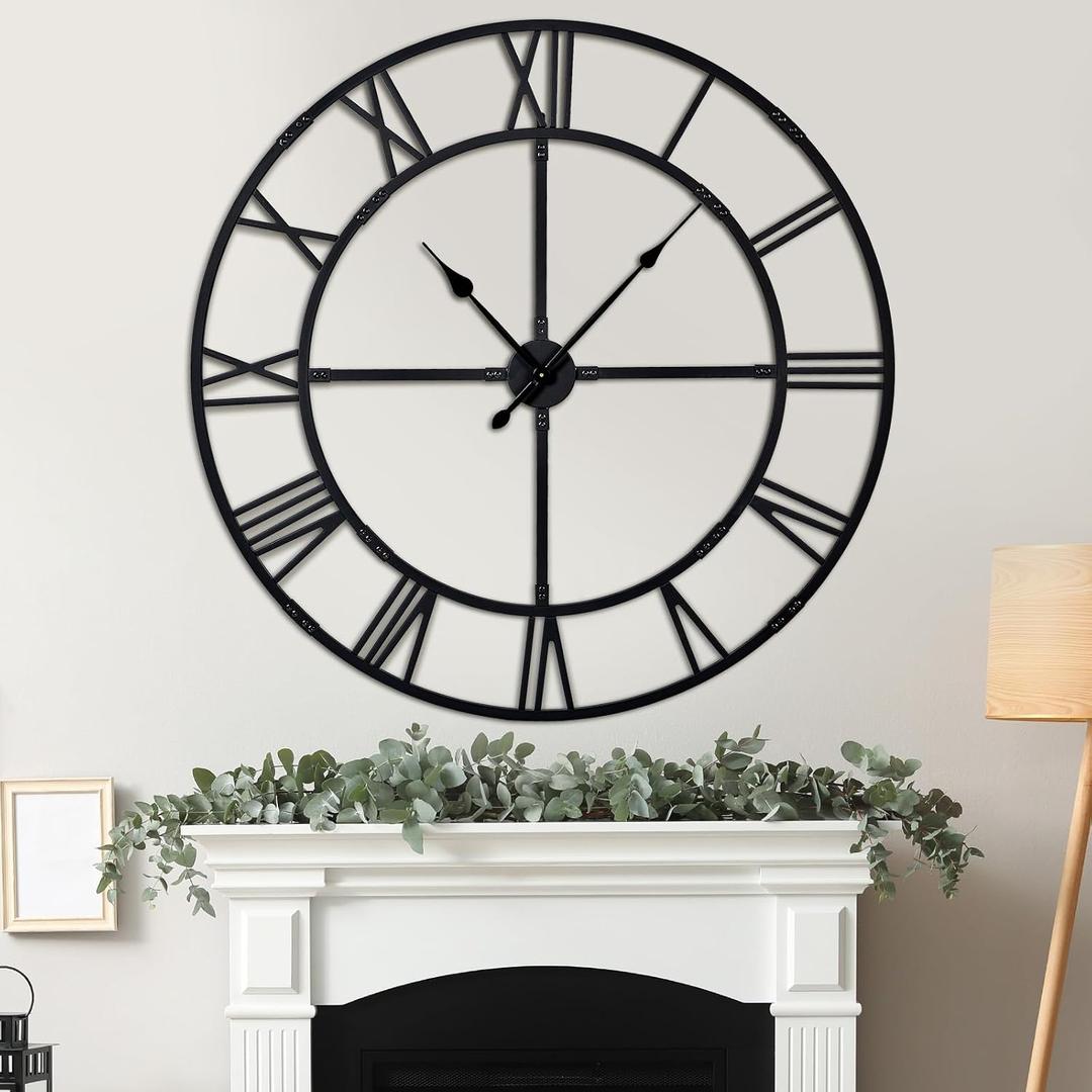 Oversized 48 inch Knocked-Down (KD) Wall Clock for Living Room Decor Extra Large Silent Non-Ticking Modern Farmhouse Wall Clock, Decorative Metal Roman Numeral Clock, Black