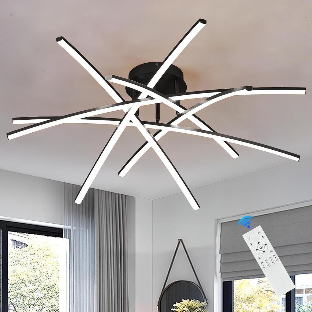 Modern 32.8" LED Chandelier Ceiling Light 6-Lights Black Dimmable Semi Flush Mount Ceiling Light Fixtures with Remote for Living Room Bedroom Kitchen 65 W 3000K-6000K
