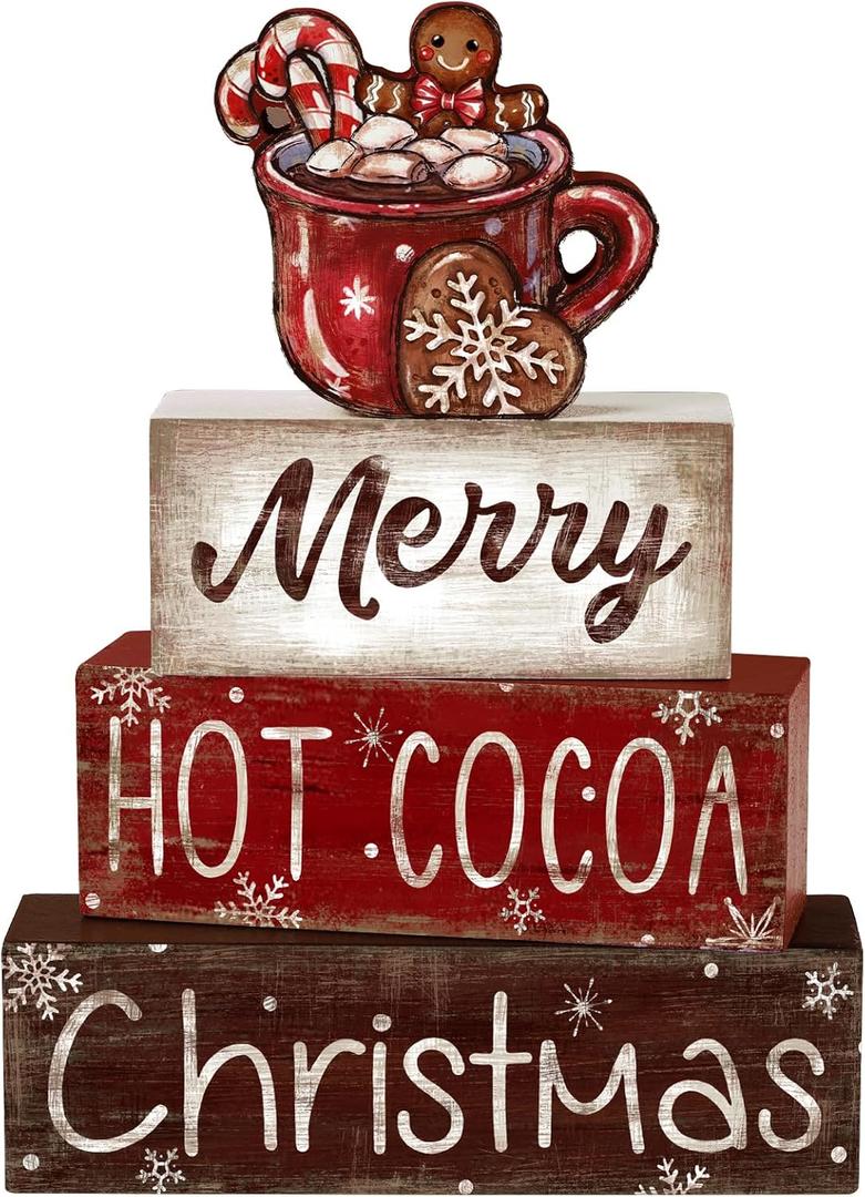 DIYDEC 4Pcs Christmas Wooden Tabletop Decoration Hot Cocoa Wooden Block Signs Gift Rustic Xmas Tiered Tray Decor Merry Christmas Centerpiece Sign Farmhouse Winter Table Home Party Decor